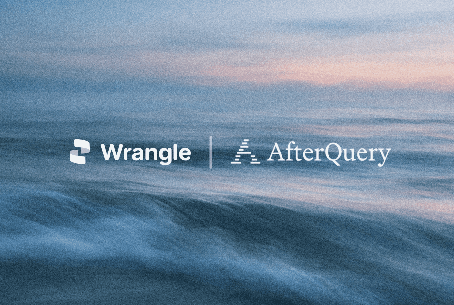 Wrangle and AfterQuery logos over a blue ocean at sunset.