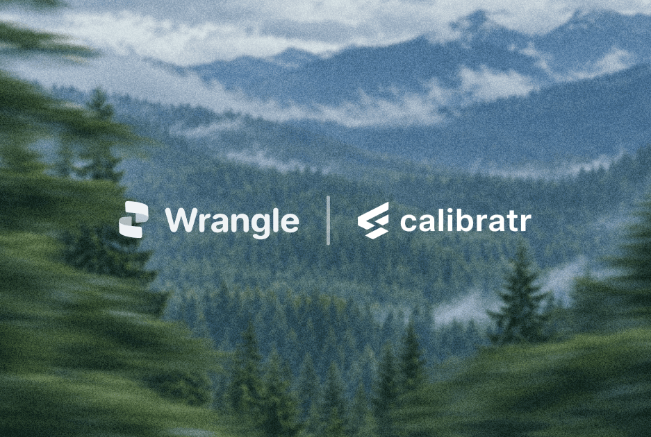 Wrangle and calibratr logos over a forested mountain landscape.